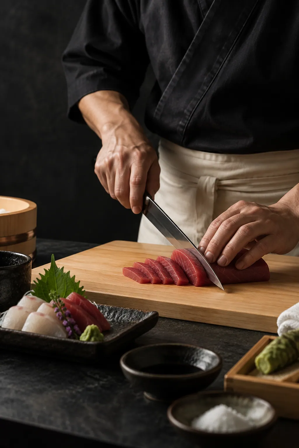 Chef hands preparing fish for sushi