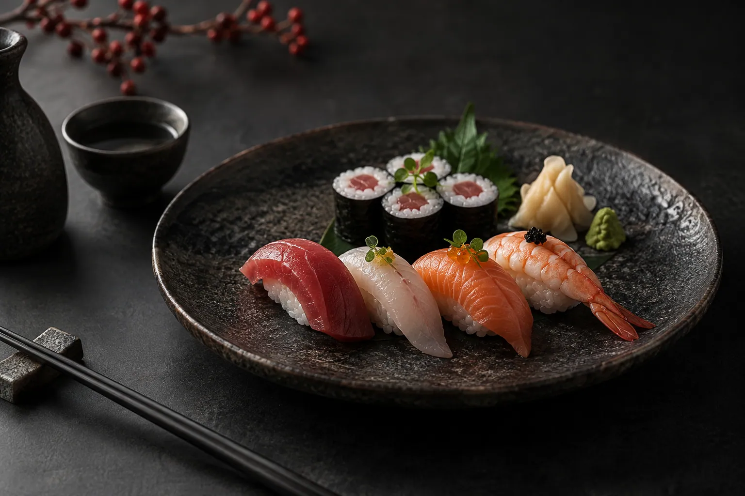 Nigiri and maki on a dark ceramic plate