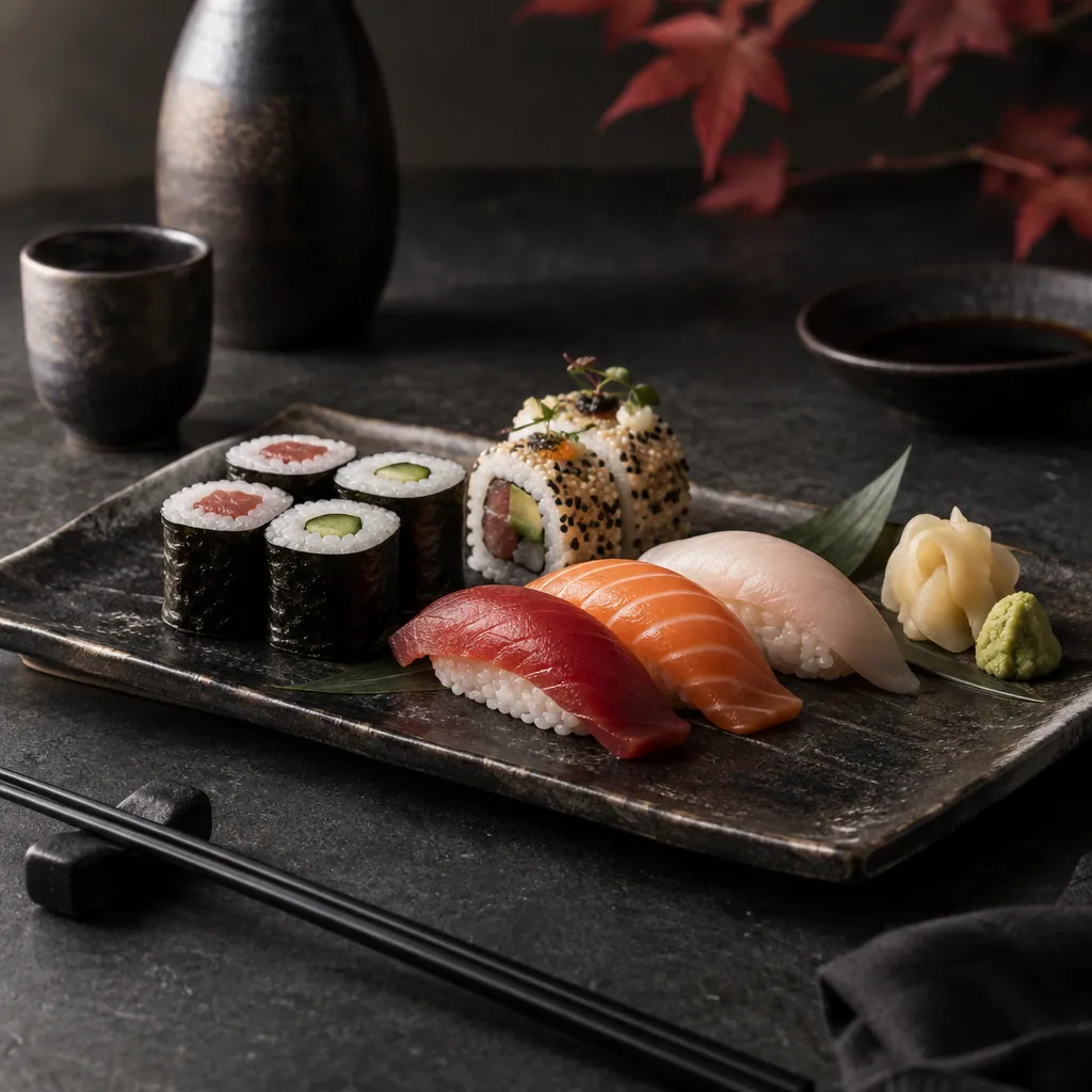 Refined sushi presentation on dark ceramic